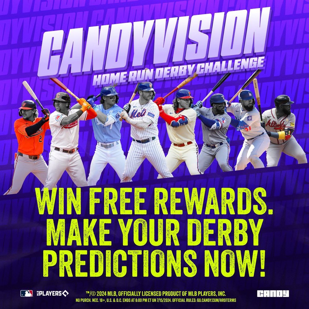 CandyVision Home Run Derby Challenge key art: eight MLB sluggers, win free rewards, make your Derby predictions now