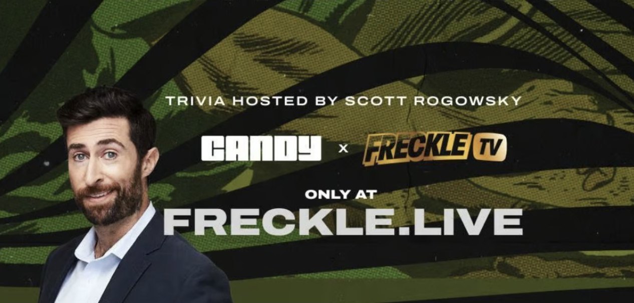 Candy × Freckle TV key art: trivia hosted by Scott Rogowsky, only at freckle.live