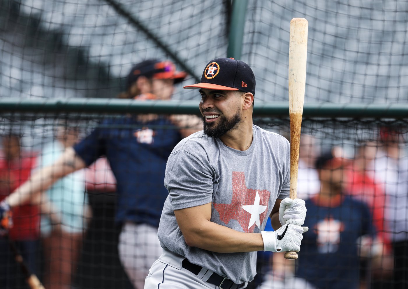 Houston Astros player wearing the Texas Hispanic Heritage Month design in the batting cage