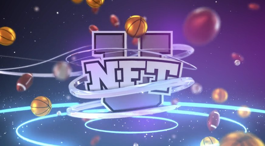 NFTU key art: the NFT-U shield surrounded by basketballs and footballs